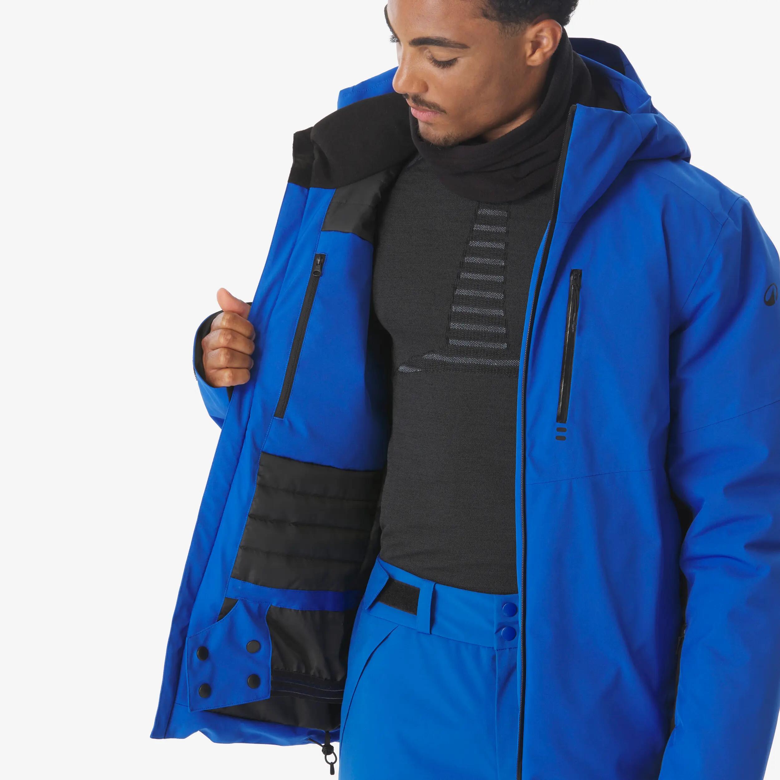 Casaco de ski e snowboard quente e impermeável homem, 500 azul e preto 12/24