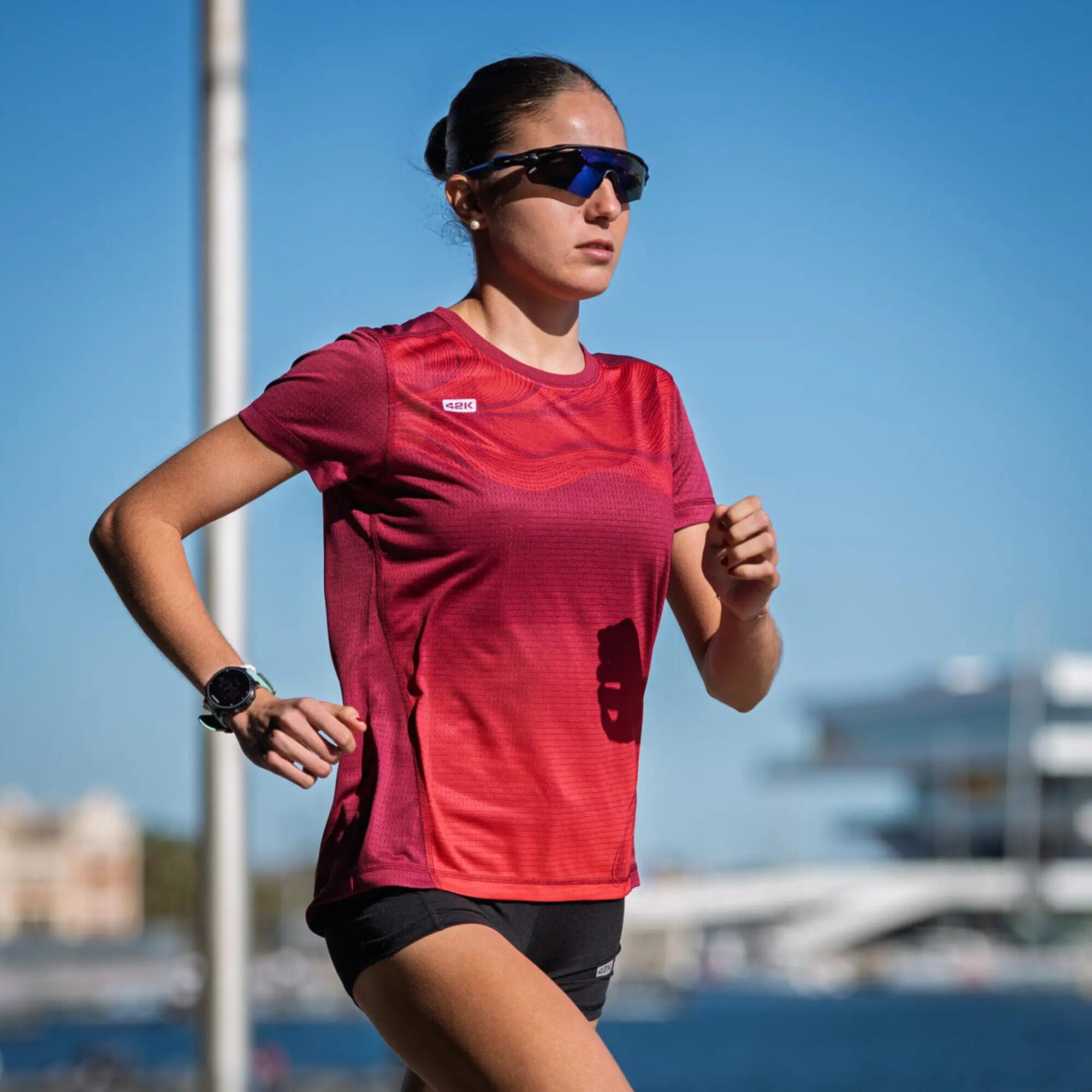 Camiseta manga corta running Mujer 42K Pangea Asia rojo 3/5