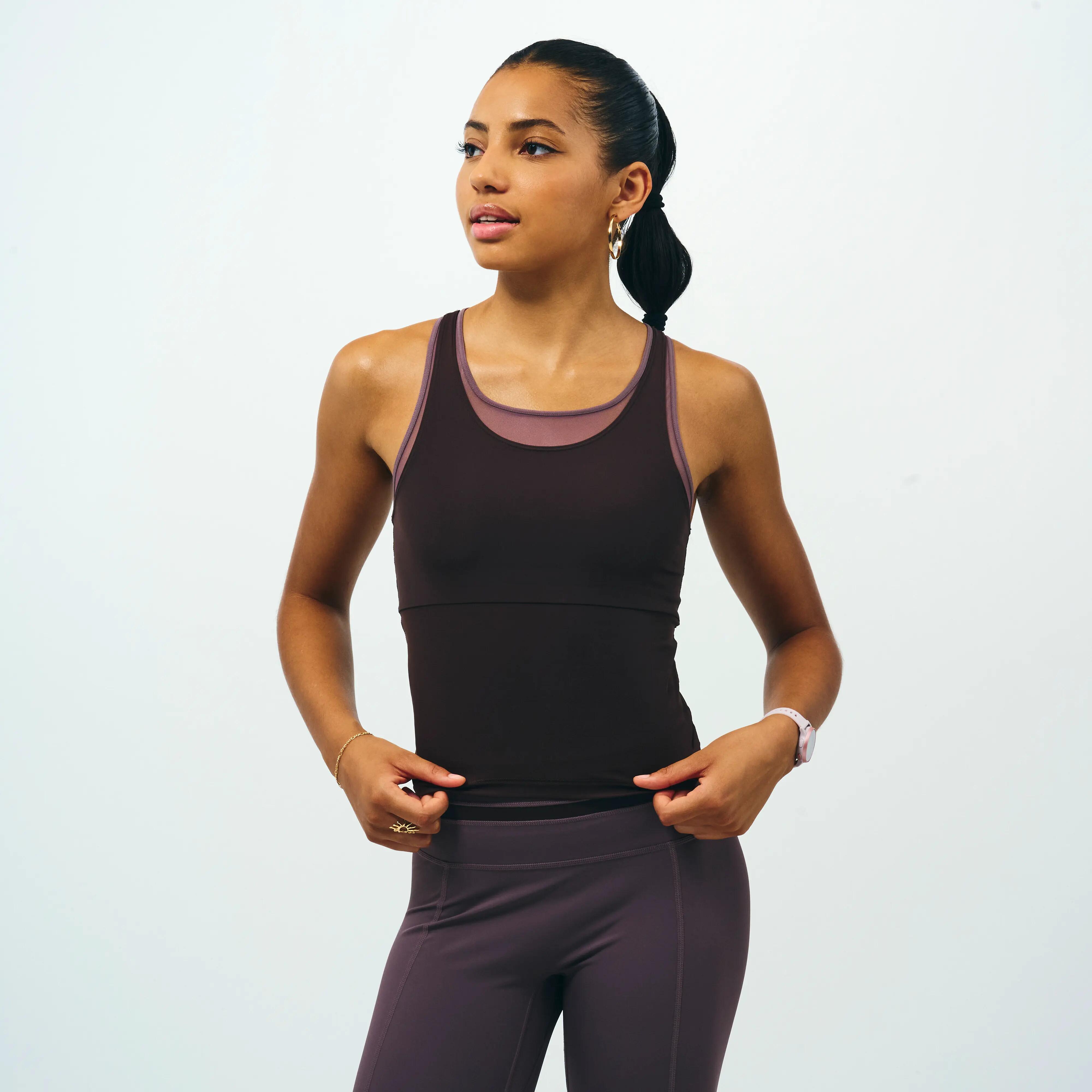 Domyos Debardeur Col Rond Extensible Femme Collection Limitee Pilates Marron