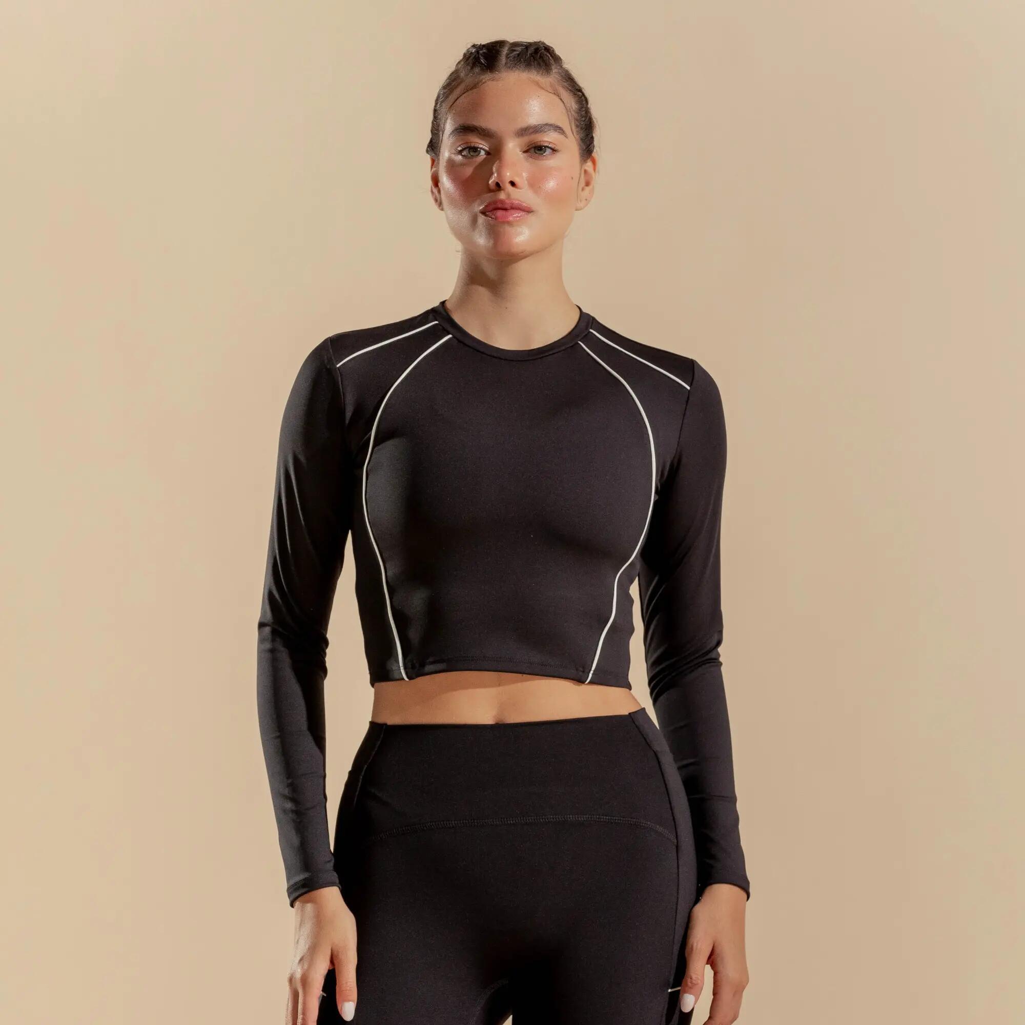 Crop top de manga larga para mujer, Racketball Fit negro 6/6