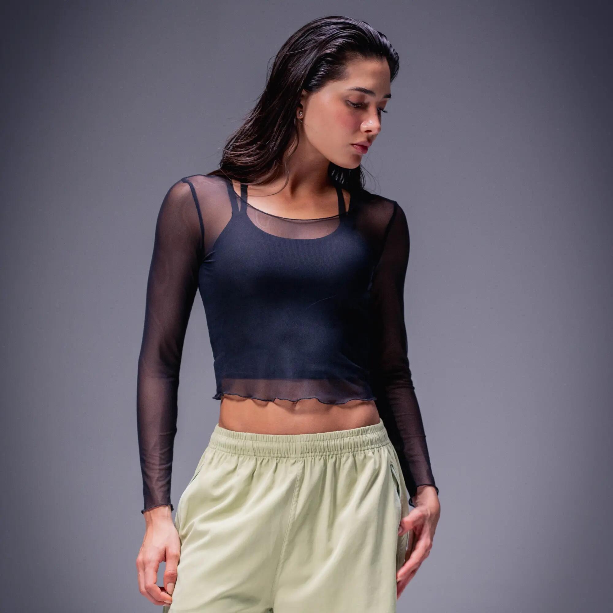 Crop top con mangas largas transparentes para mujer, Racketball Fit negro 2/10