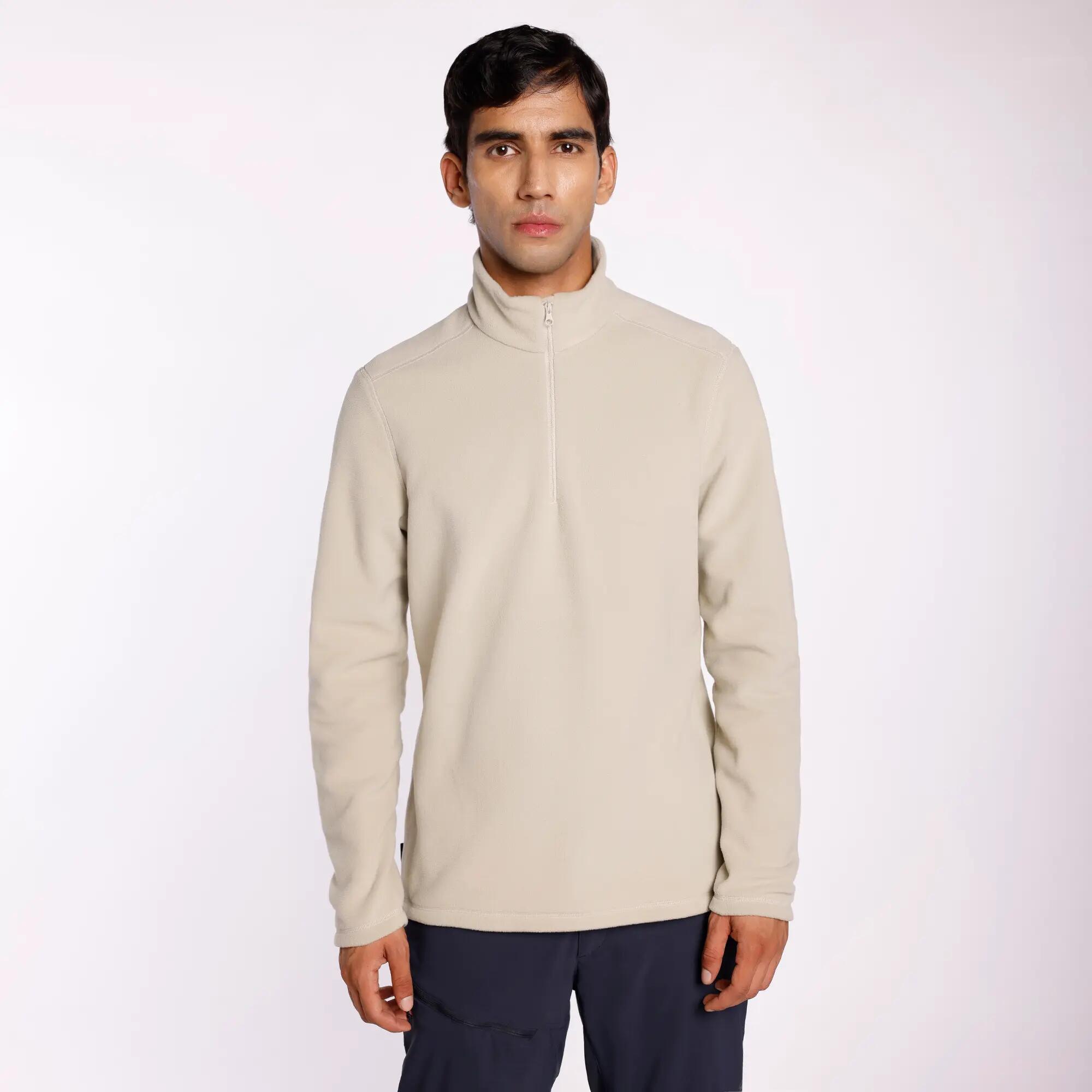 Men Mountain Hiking Warm Half-zip Fleece Jacket Light Beige MH100 -  1