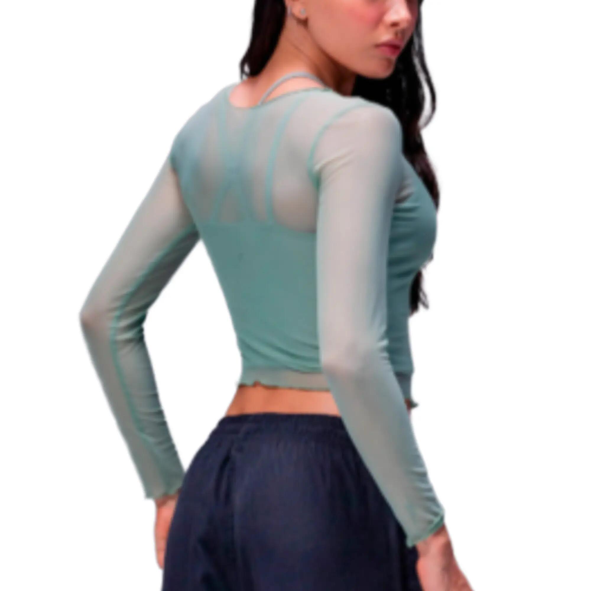 Crop top con mangas largas transparentes para mujer, Racketball Fit verde 3/4