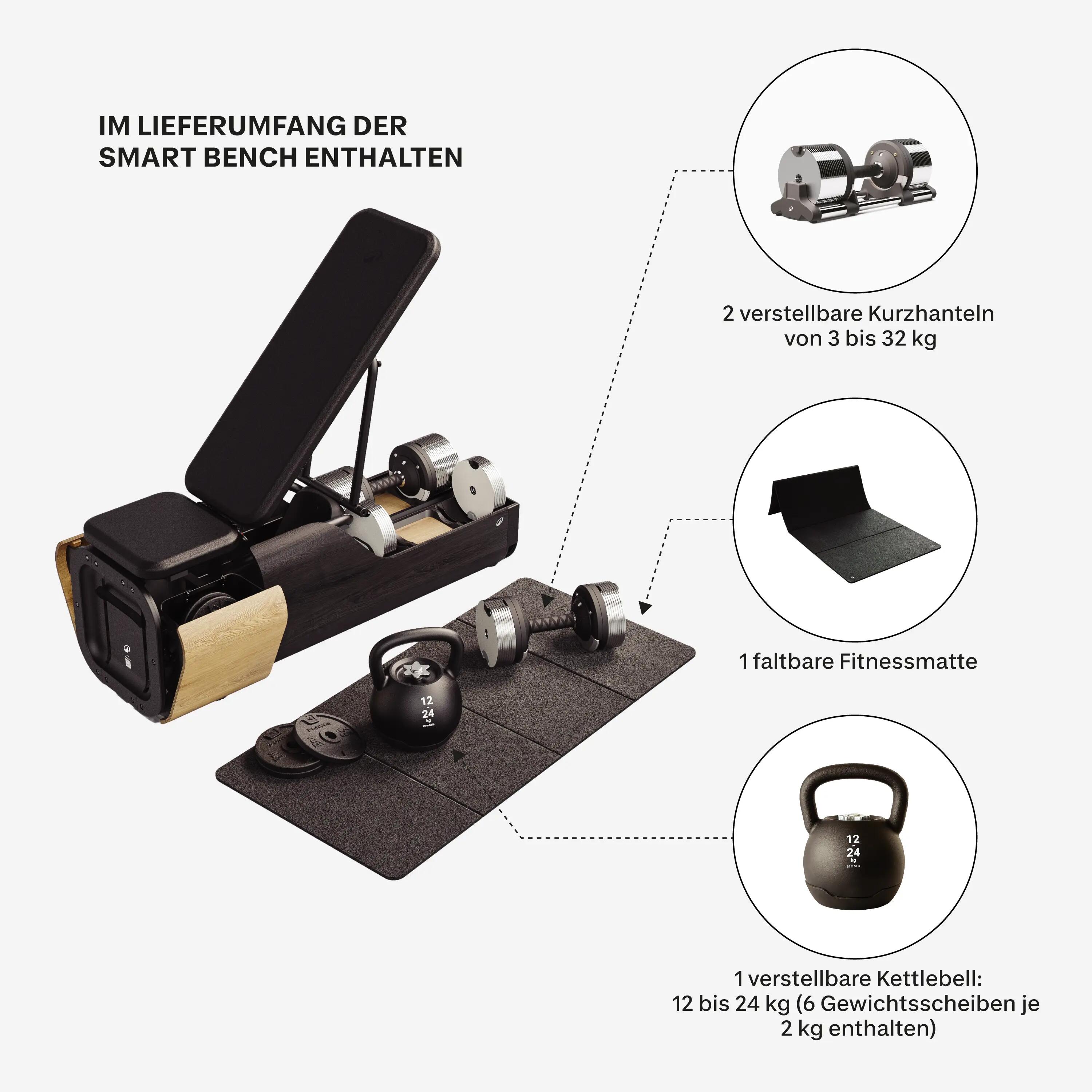 Hantelbank mit Matte, verstellbaren Kurzhanteln und Kettlebell, Smart Bench 4/31