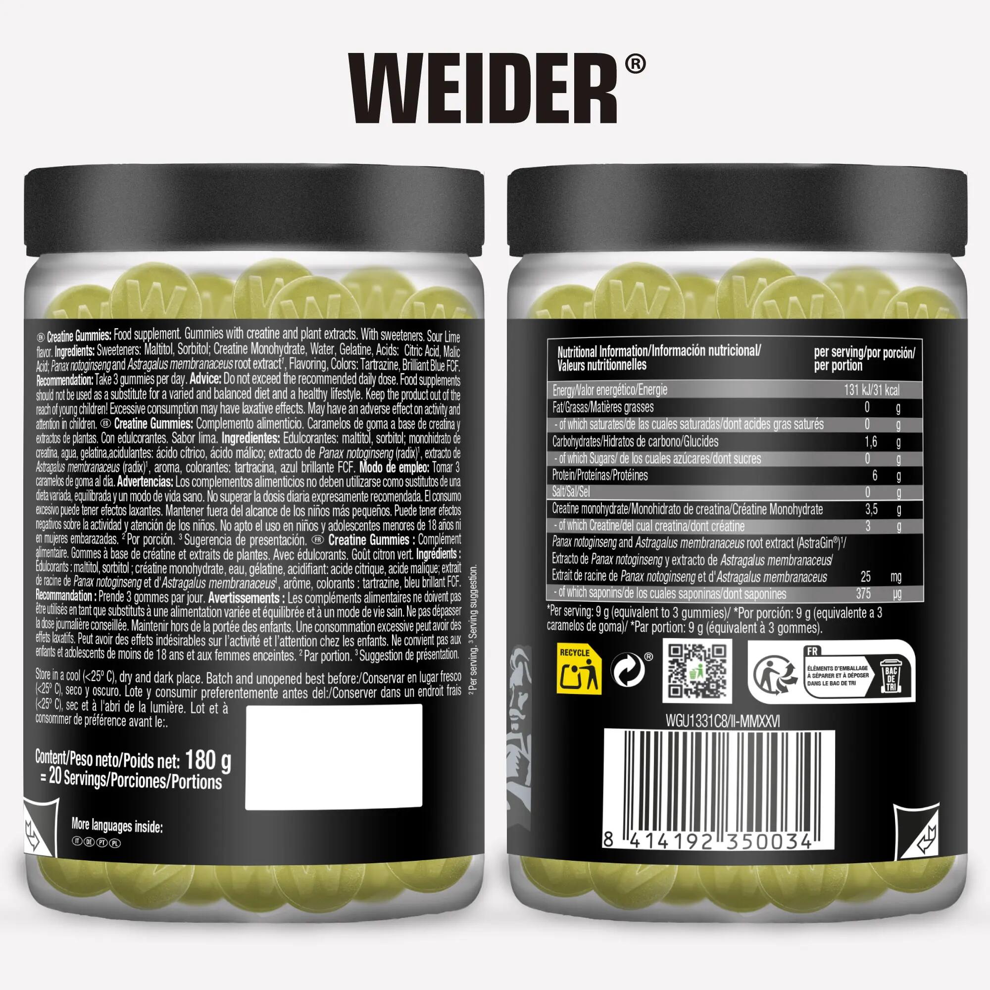 Gummies de creatina sin azúcar lima ácida Weider 60 unidades 2/4