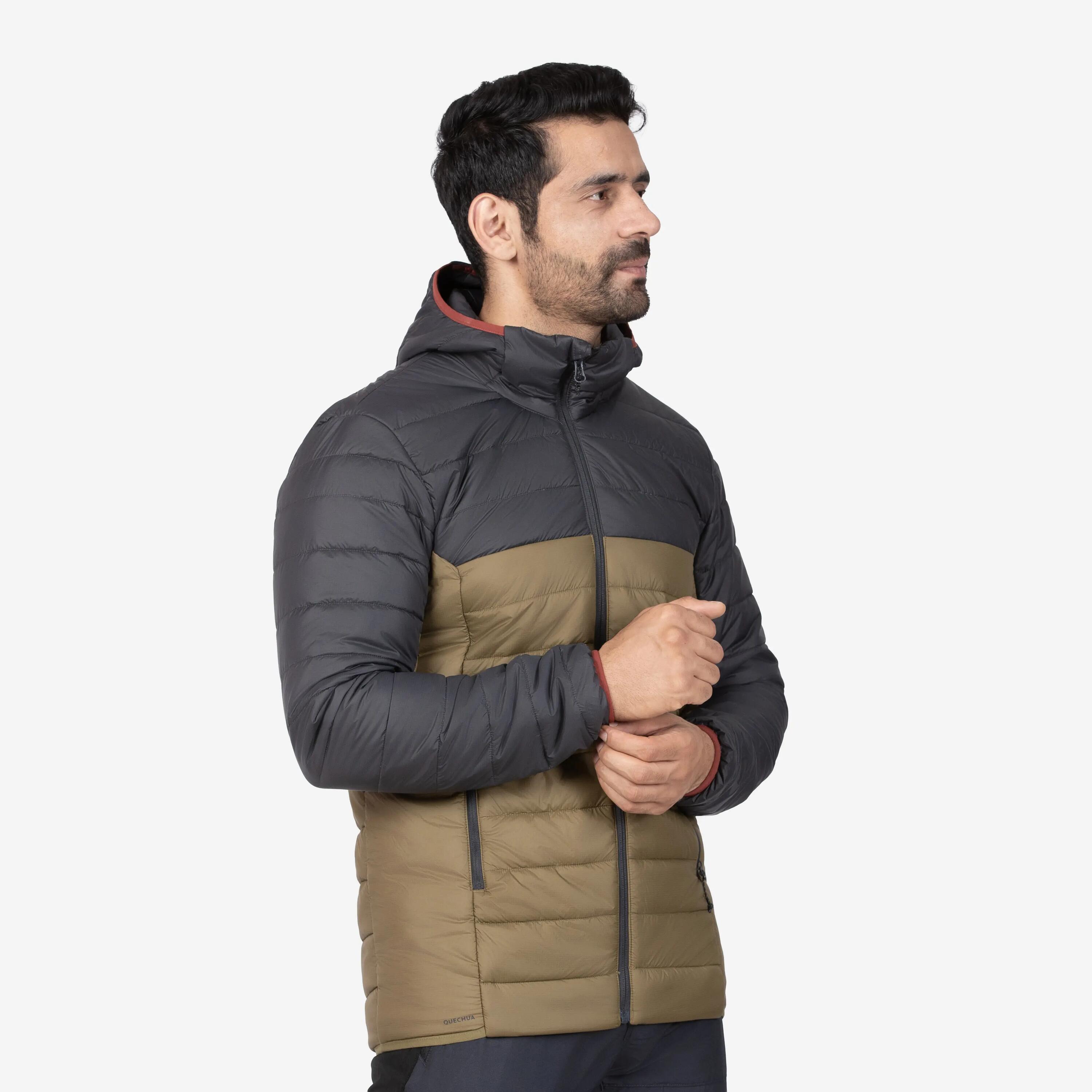 Men Hiking & Trekking Warm Puffer Jacket With Hoodie -10°C Khaki MH500 -  2