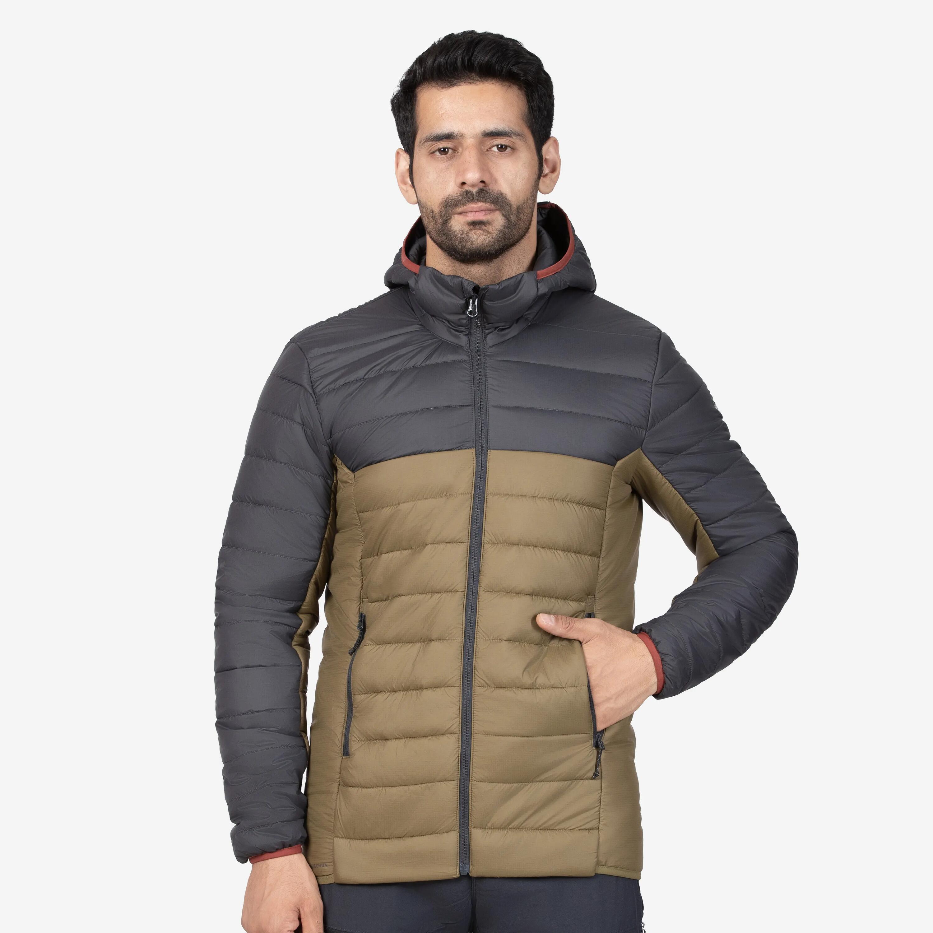 Men Hiking & Trekking Warm Puffer Jacket With Hoodie -10°C Khaki MH500 -  1