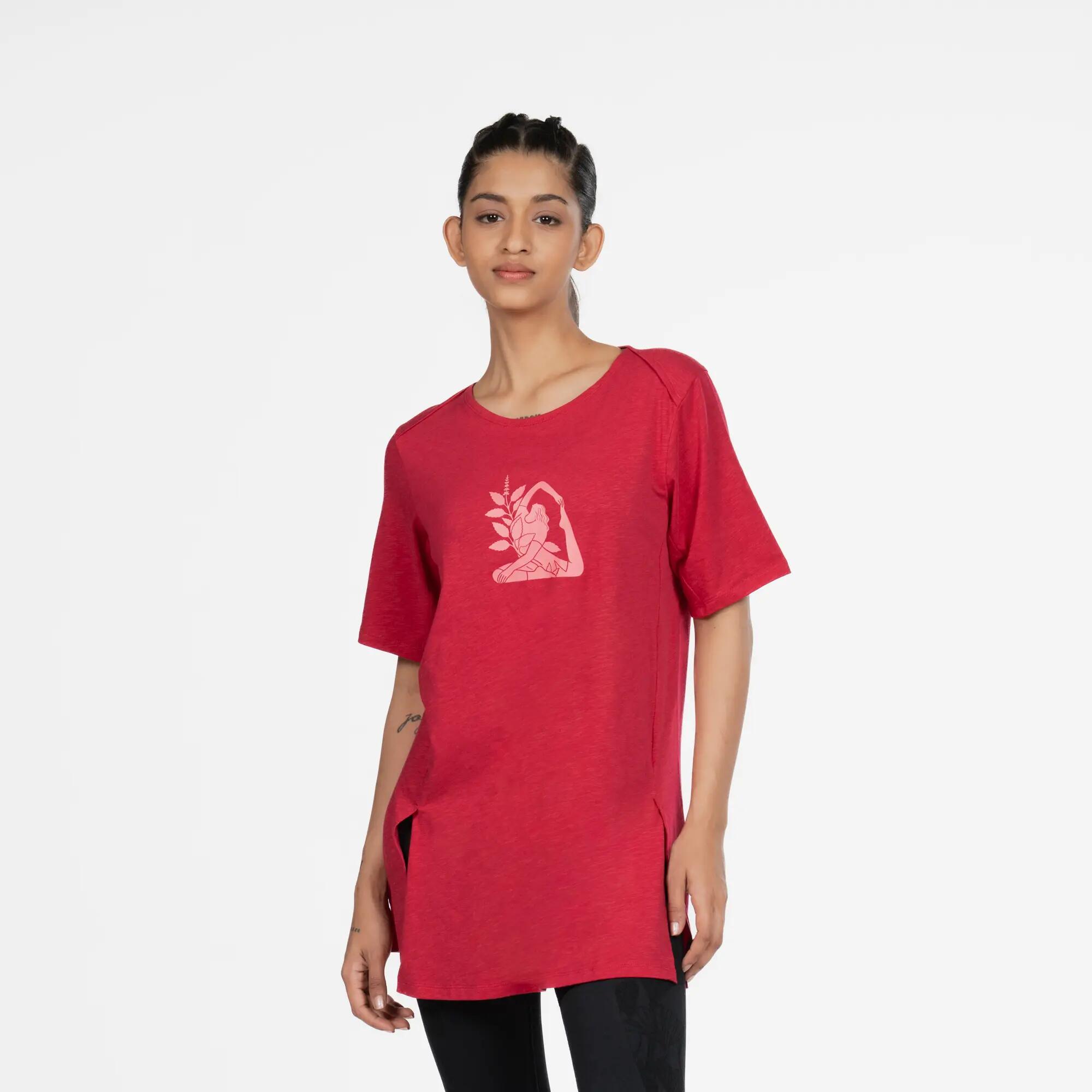 Women Cotton Kurti Yoga, Gym Top, Crew Neck - Red -  2