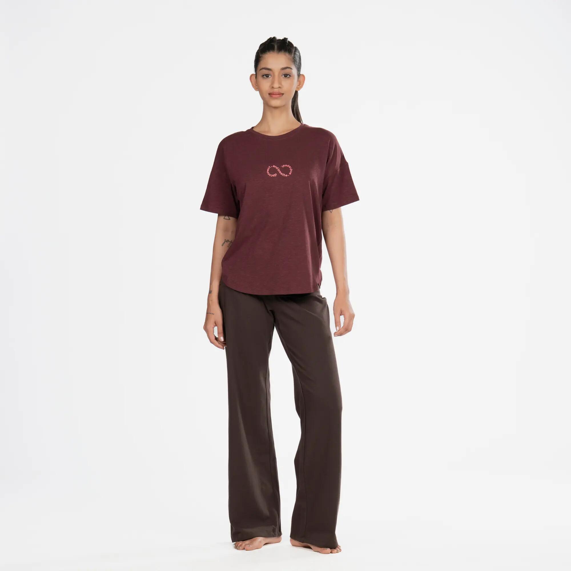Women’s short-sleeve yoga T-shirt, burgundy purple -  1