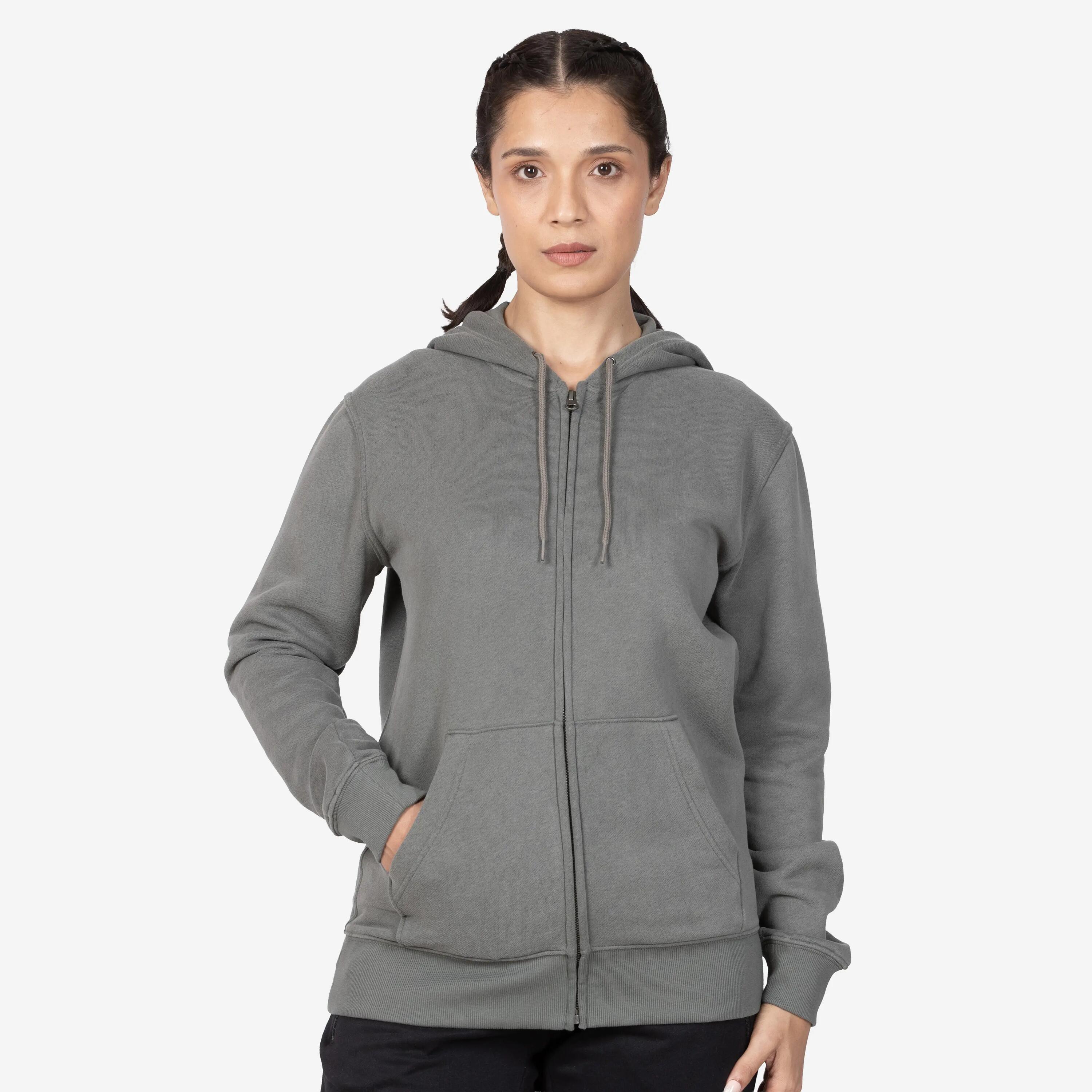 Women’s fitness fleece zip-up hoodie, ash khaki green -  1