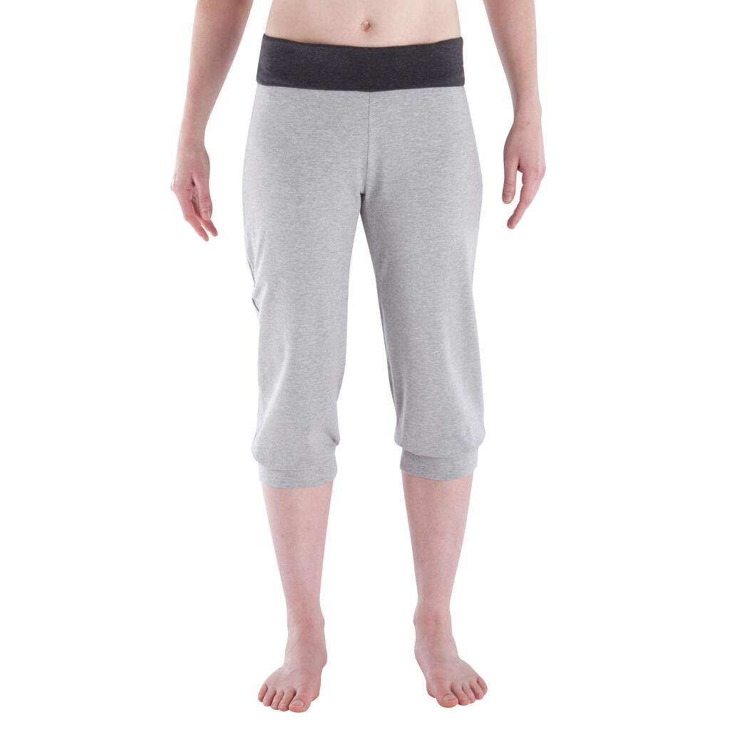 Women's gentle gymnastics, yoga organic cotton cropped trousers - light grey