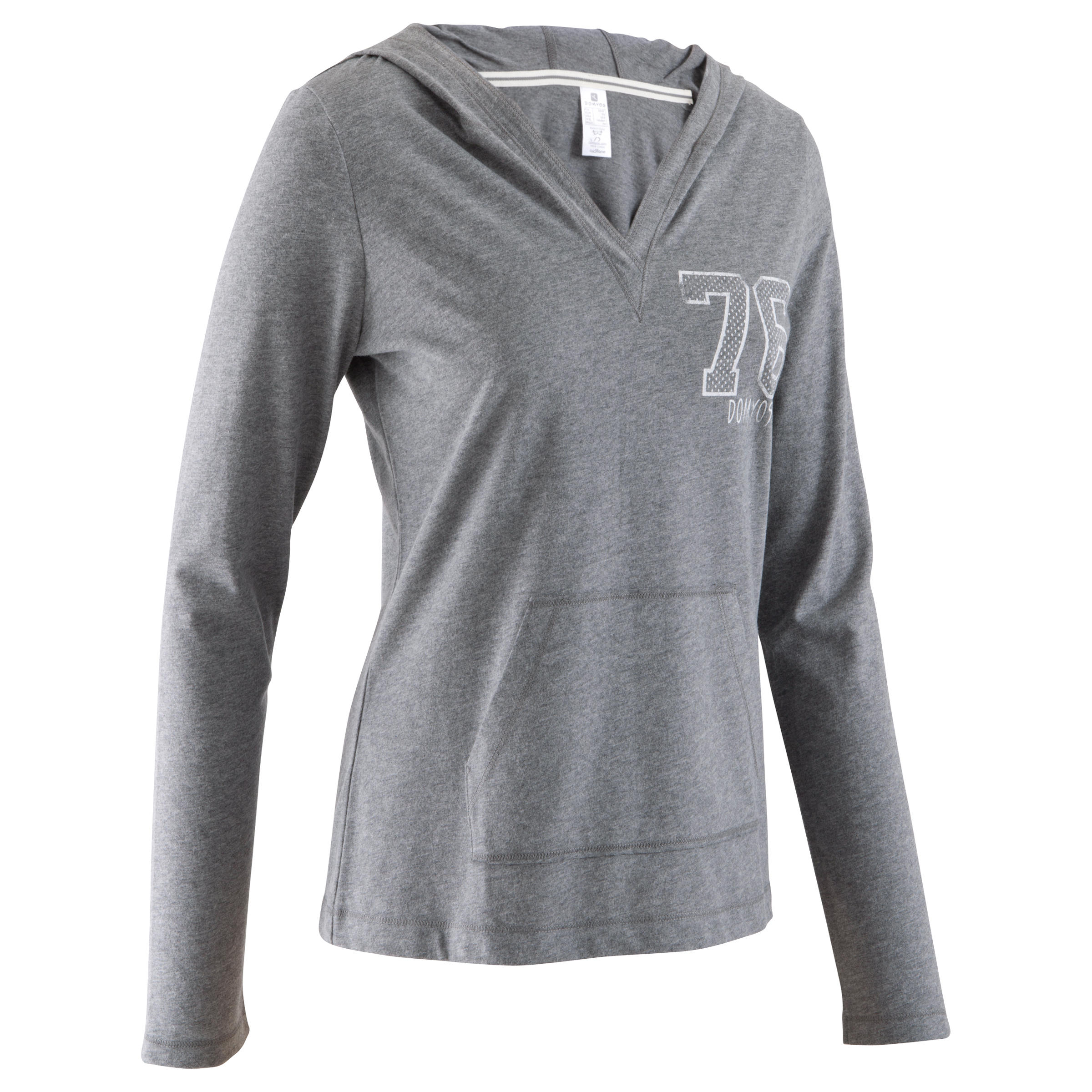 Women's Fitness Long-Sleeved Hooded T-Shirt - Dark Mottled Grey 1/10