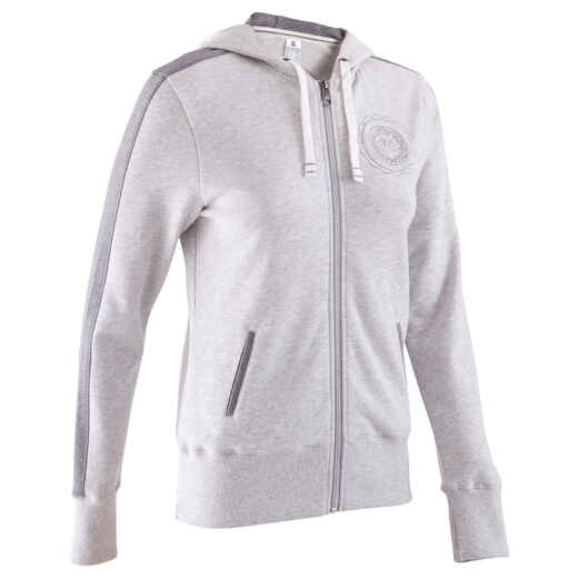 
      Women's Fitness Hooded Print Jacket - Light Mottled Grey
  