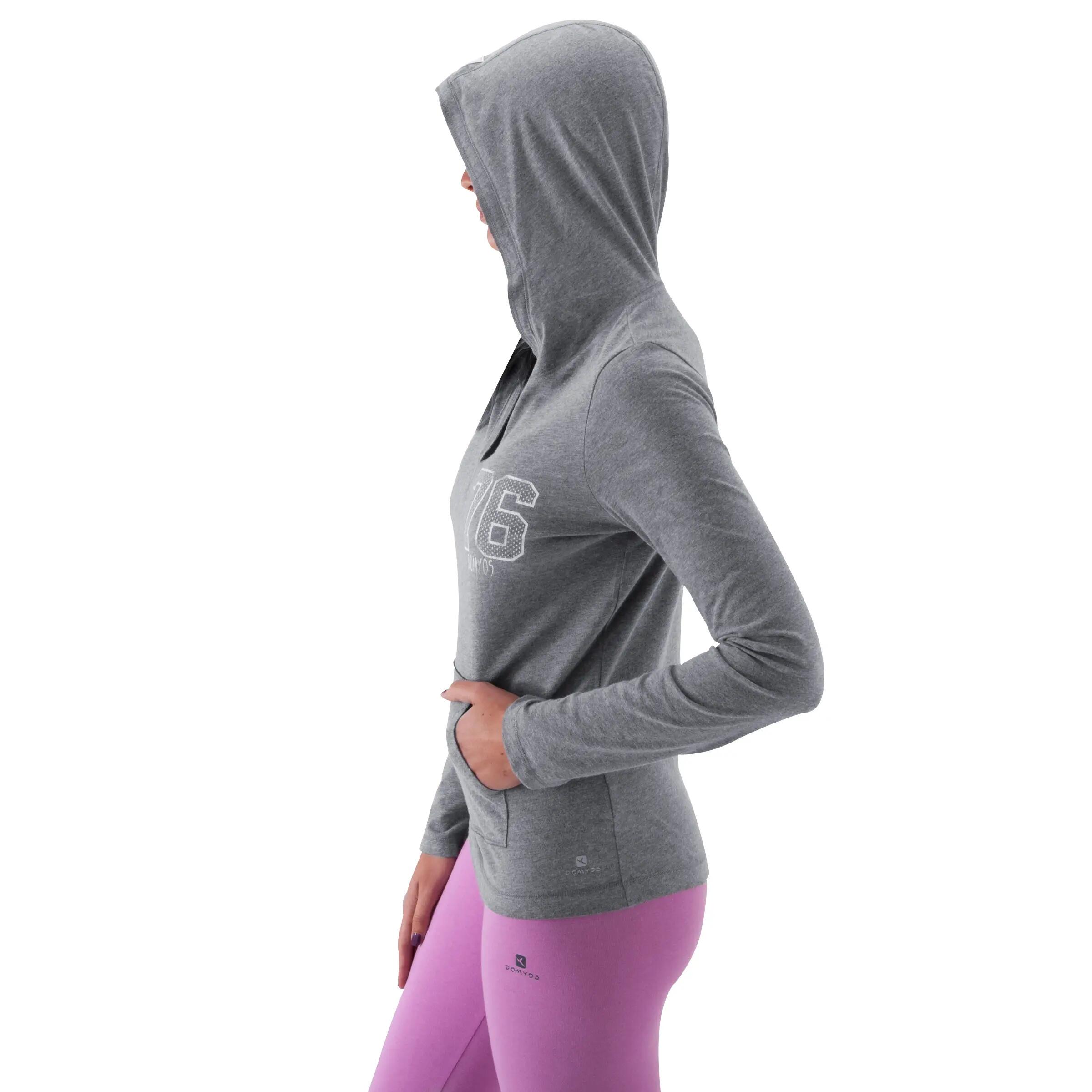 Women's Fitness Long-Sleeved Hooded T-Shirt - Dark Mottled Grey 5/10