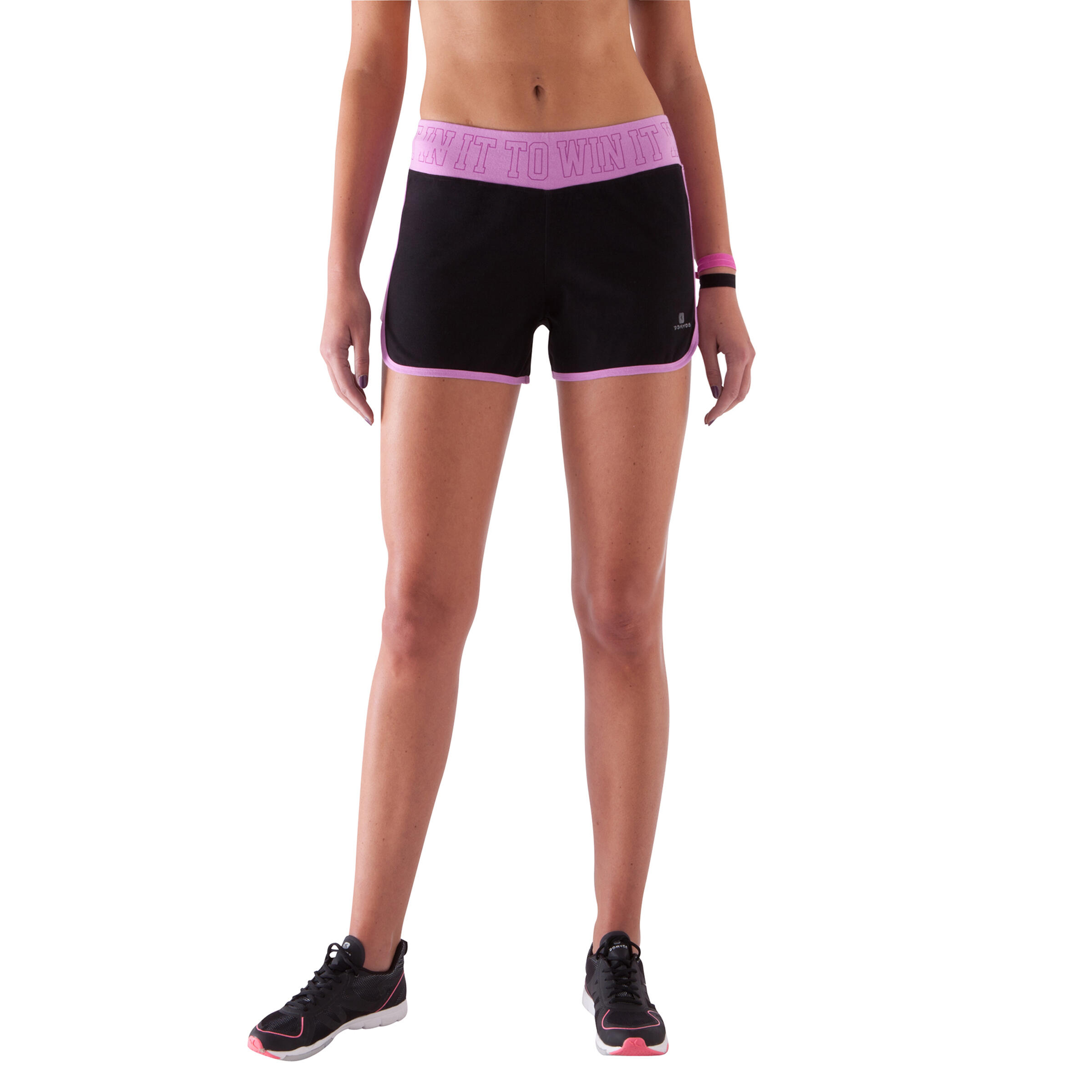 Women's Fitness Shorts with Contrasting Print Waistband - Black/Pink 3/11
