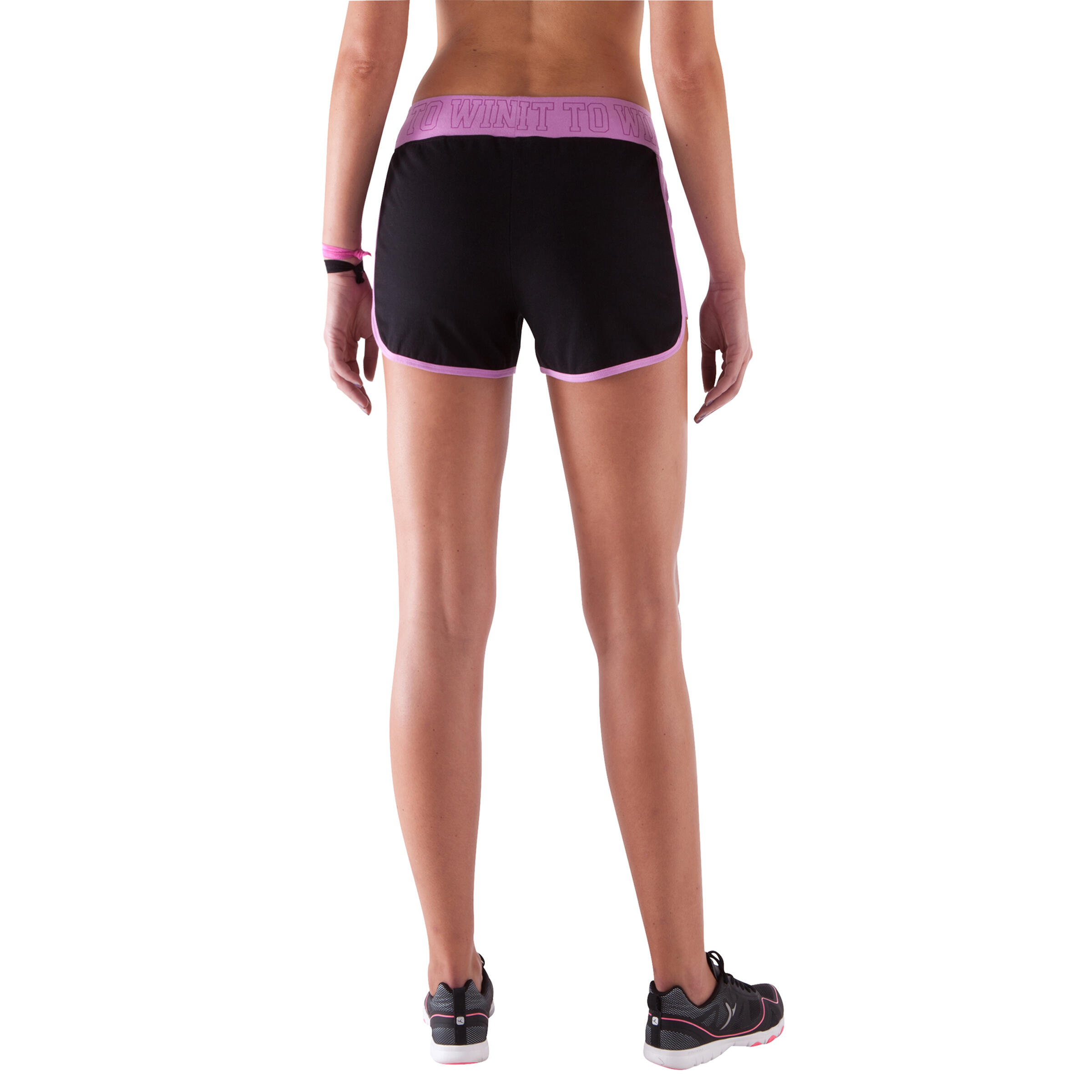 Women's Fitness Shorts with Contrasting Print Waistband - Black/Pink 6/11