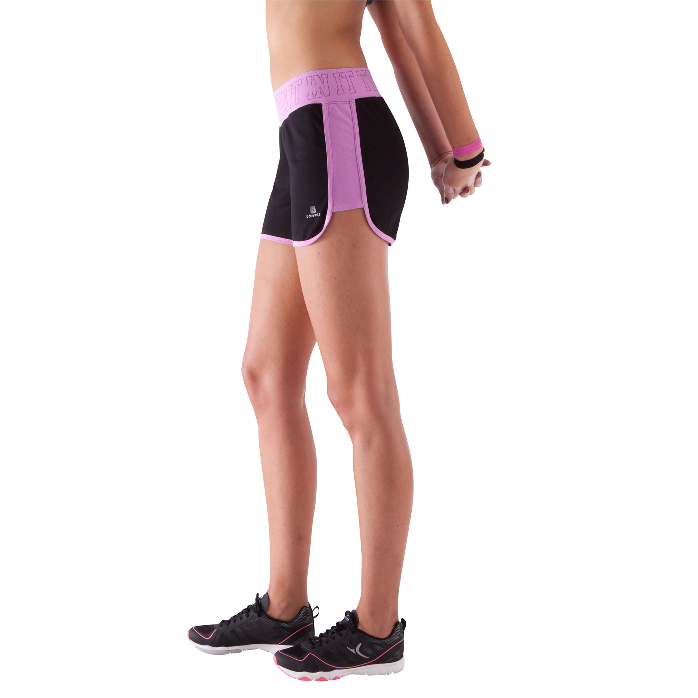 Women's Fitness Shorts with Contrasting Print Waistband - Black/Pink 5/11