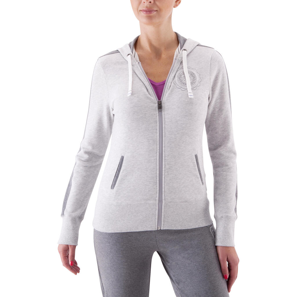 Women's Fitness Hooded Print Jacket - Light Mottled Grey