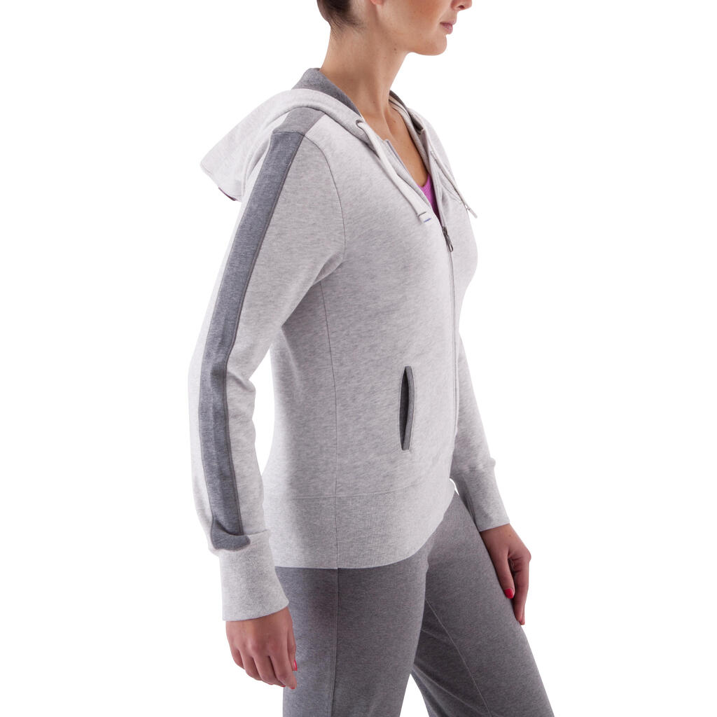 Women's Fitness Hooded Print Jacket - Light Mottled Grey