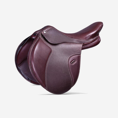 Selle polyvalente en cuir à arçon réglable équitation cheval PADDOCK marron 17''5