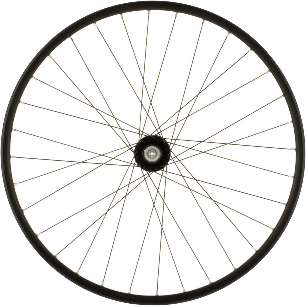 26” kalnu velosipēda priekšējais ritenis, aploks ar dubultām sienām, disku bremzes, doba ass, ātrās atbrīvošanas sistēma