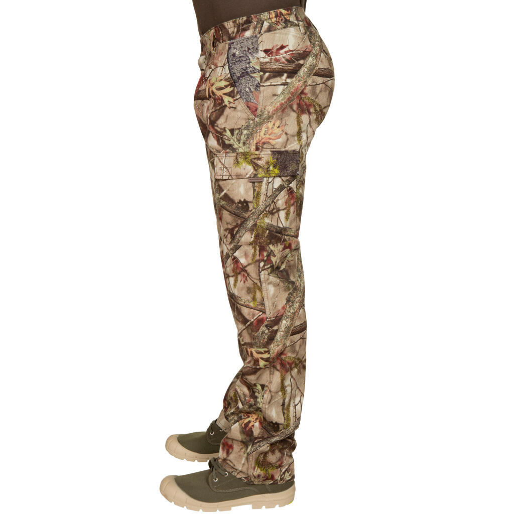 PANTALON CHASSE 100 RESPIRANT SILENCIEUX COTON CAMOUFLAGE FORET