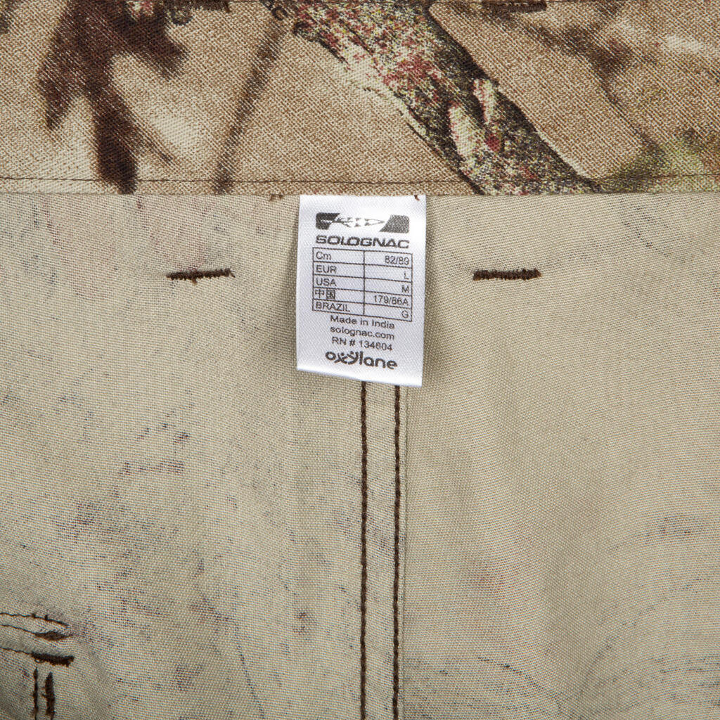 Poľovnícke nehlučné priedušné nohavice 100 z bavlny s maskovaním Treemetic