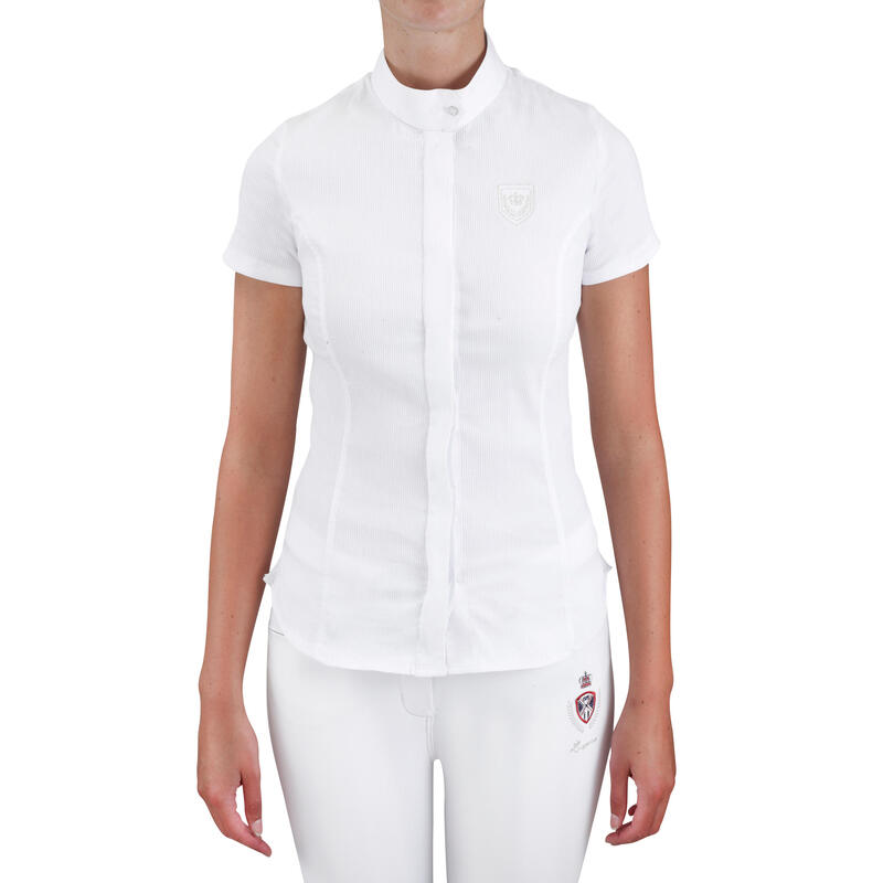 Dames wedstrijdblouse met korte mouwen ruitersport wit/zilverkleurig borduurwerk