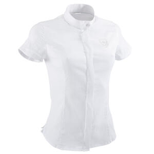 Camisa concurso equitación okkso mujer blanco bordado plata, se adapta al cuerpo