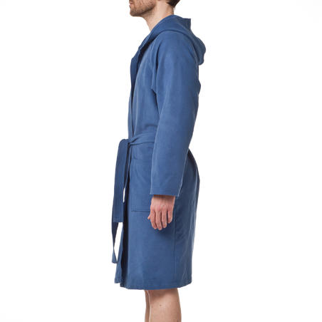 Men's microfibre bathrobe with hood and belt - dark blue
