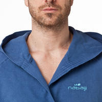 Men's microfibre bathrobe with hood and belt - dark blue