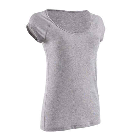 500 Women's Slim-Fit Pilates & Gentle Gym T-Shirt - Mottled Grey