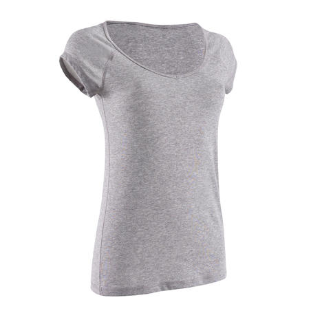 T-Shirt 500 slim Pilates Gym douce femme gris chiné