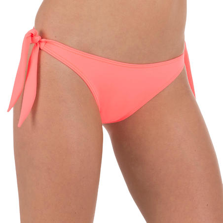 Bikini mujer anudada corte pierna muy alto SABI Rojo coral fluorescente