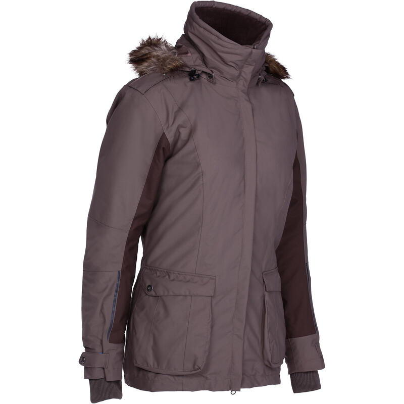 Chaqueta Parka Equitación Fouganza Paddock Mujer Marrón Cálida Capucha