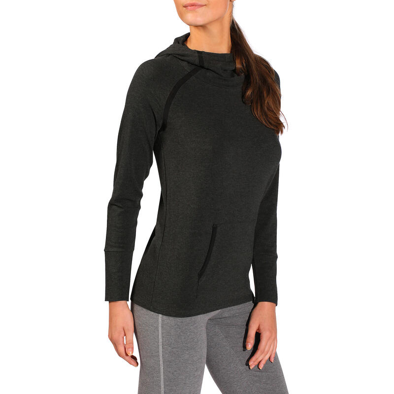 T-shirt manches longues Active capuche fitness femme gris chiné foncé