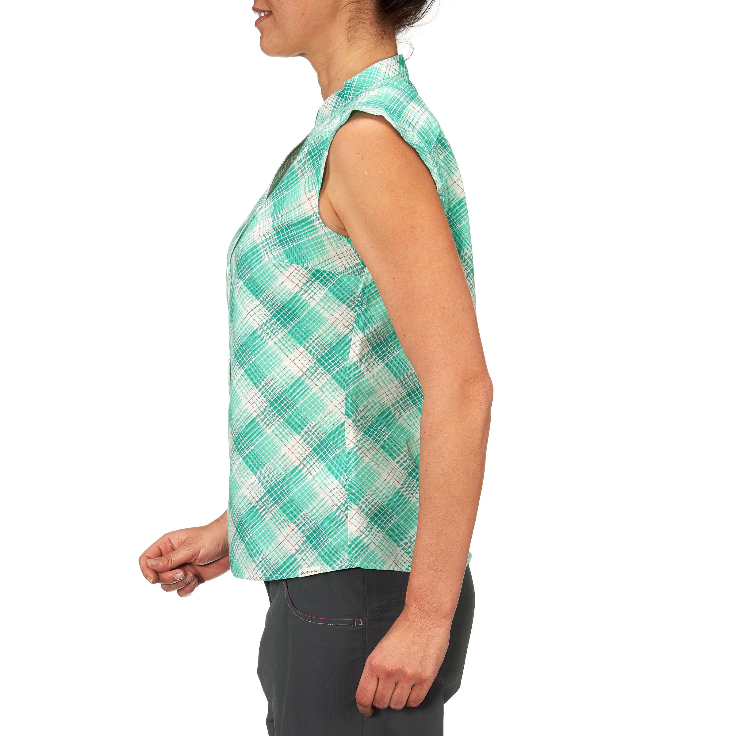 Women's Arpenaz 100 Sleeveless Hiking Shirt Green Checks 5/10