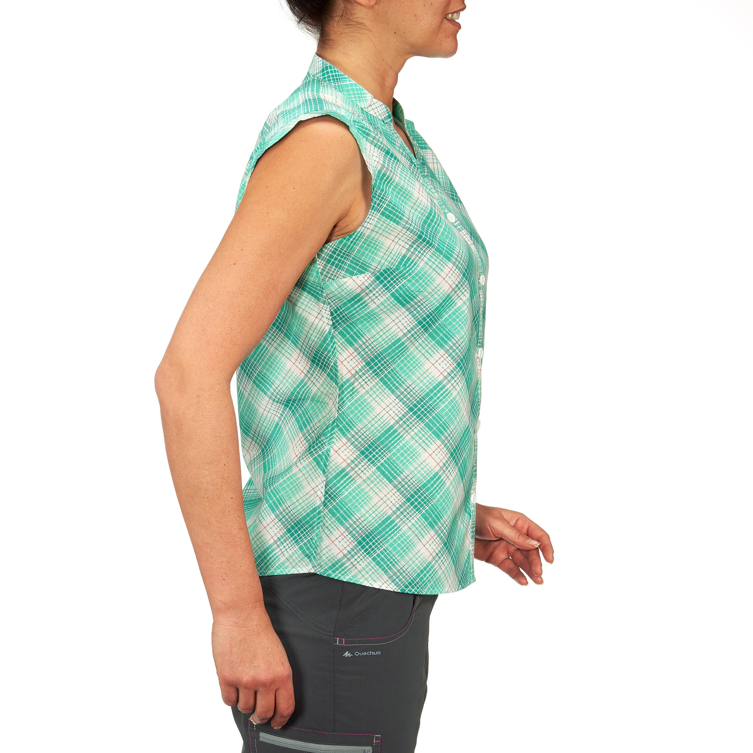 Women's Arpenaz 100 Sleeveless Hiking Shirt Green Checks 3/10
