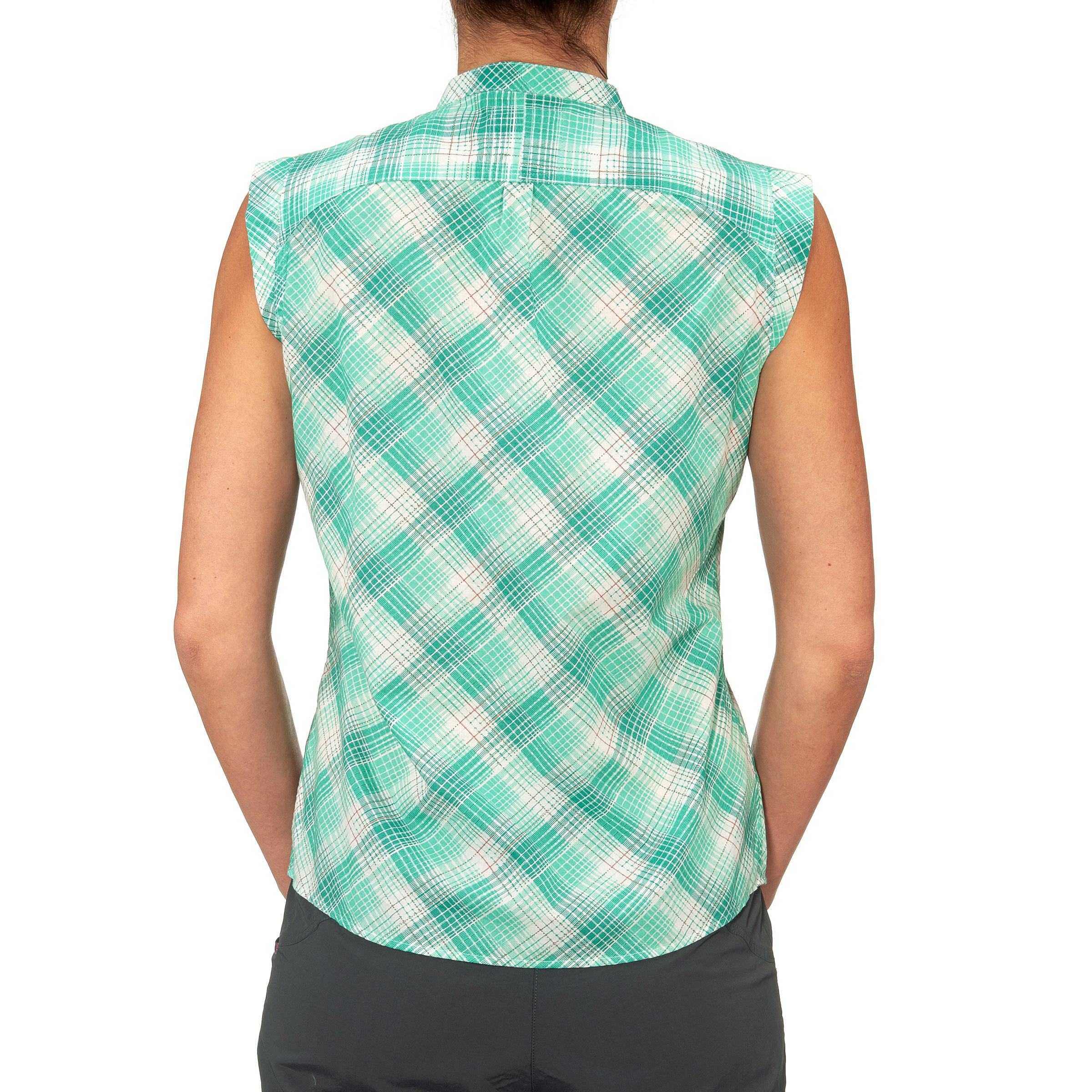 Women's Arpenaz 100 Sleeveless Hiking Shirt Green Checks 4/10