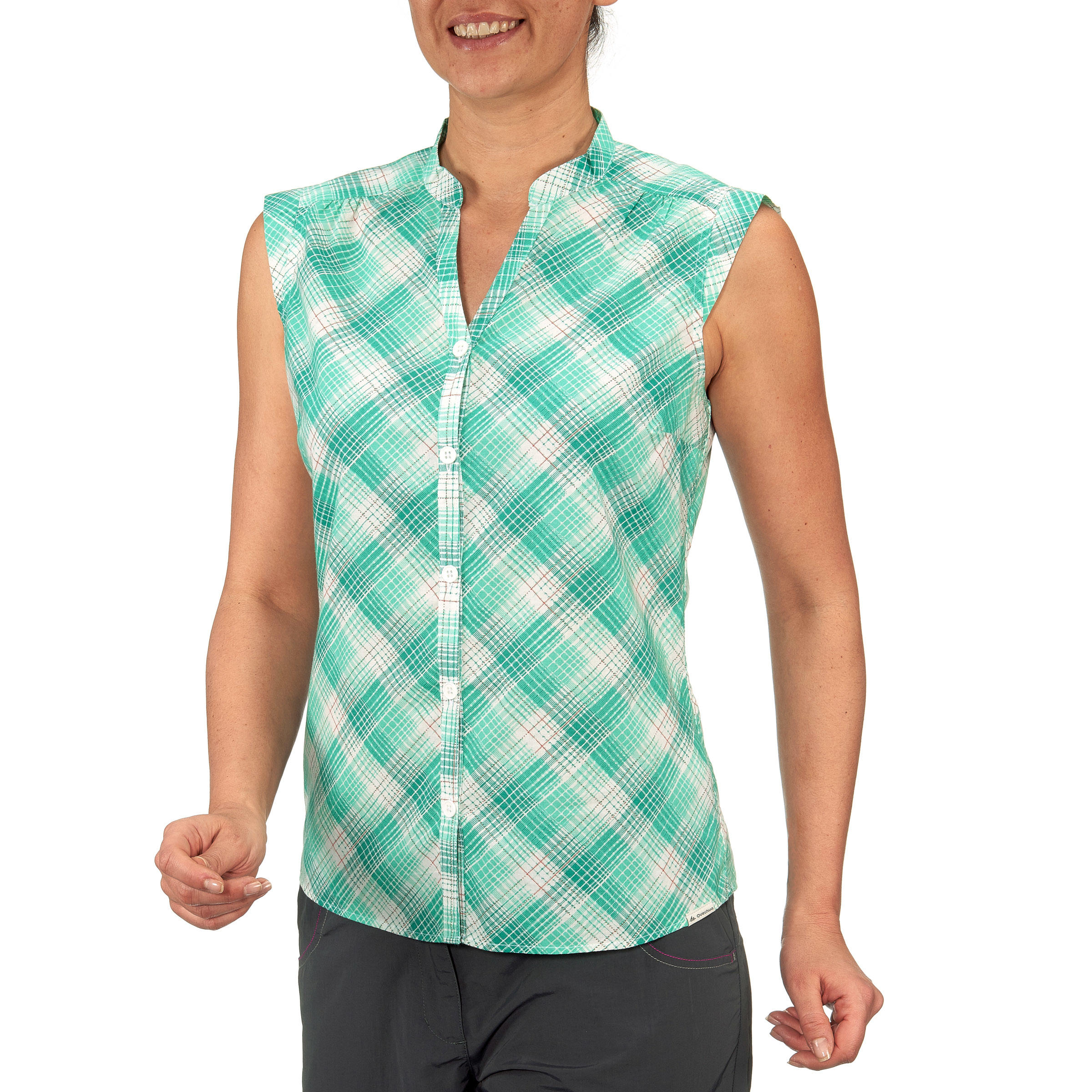 Women's Arpenaz 100 Sleeveless Hiking Shirt Green Checks 2/10