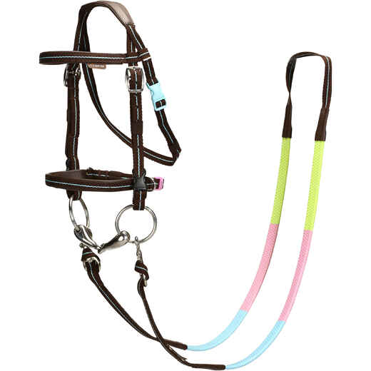 
      Initiation Horse Riding Pony Bridle + Reins - Brown/Sky Blue
  