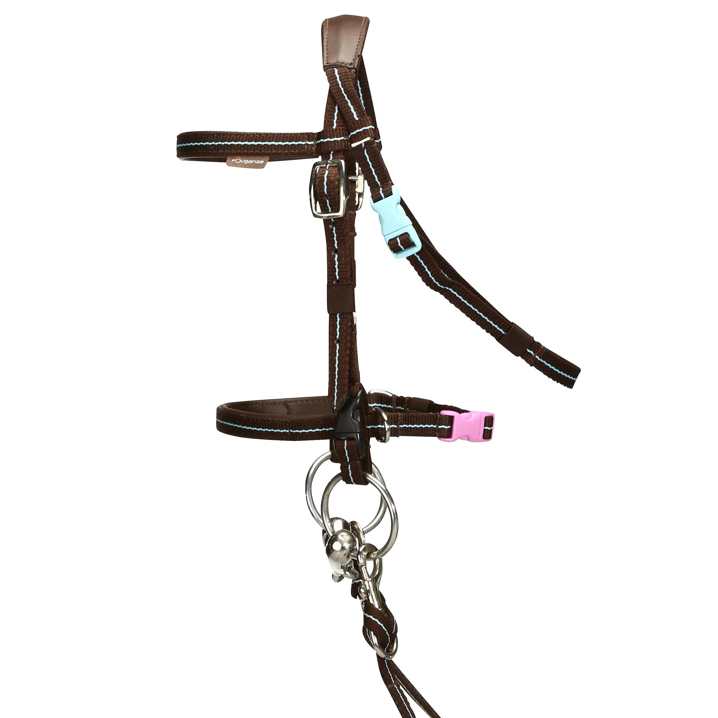 Initiation Horse Riding Pony Bridle + Reins - Brown/Sky Blue 1/14