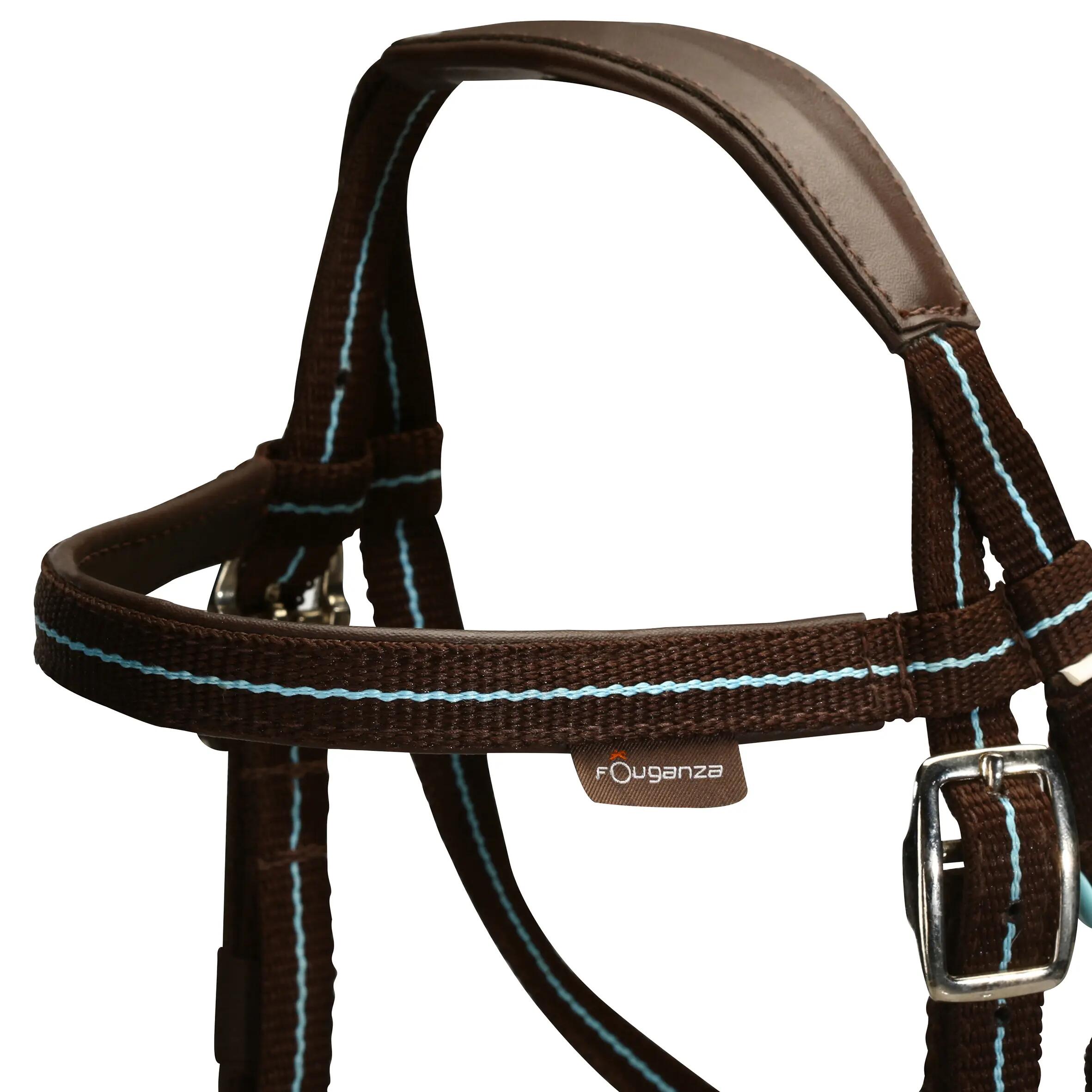 Initiation Horse Riding Pony Bridle + Reins - Brown/Sky Blue 3/14