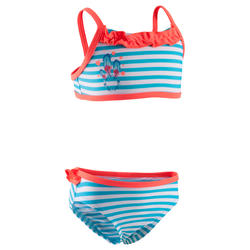 Maillot de bain deux pièces fille bleu rayé avec un motif _QUOTE_plumes_QUOTE_