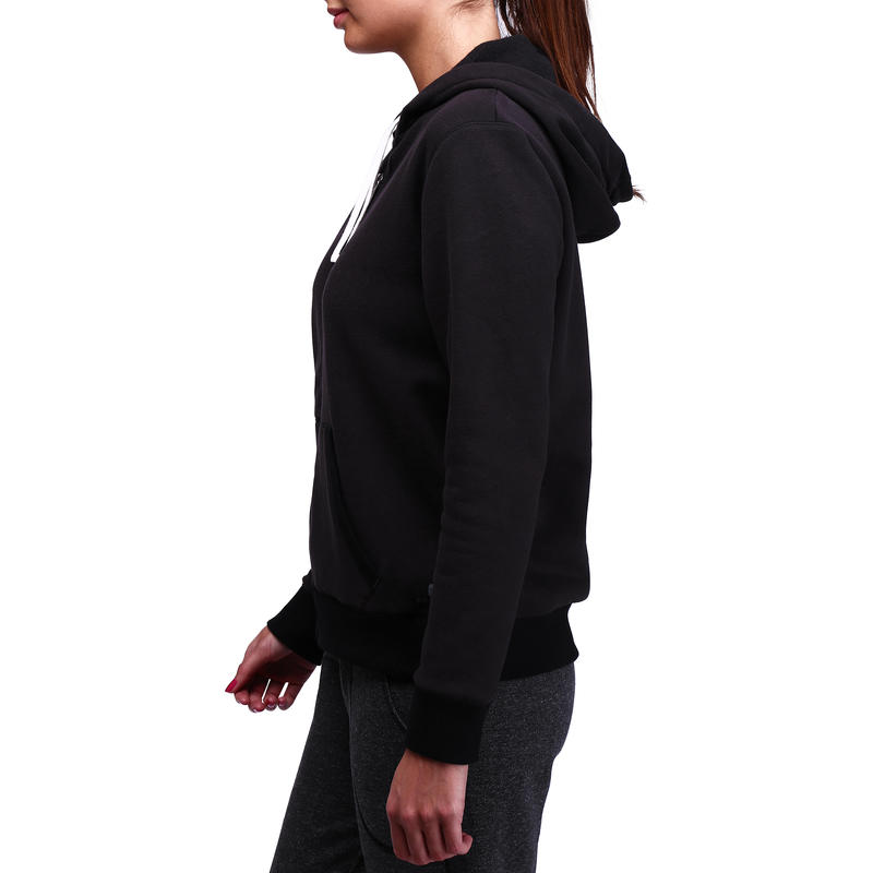 Women's Hooded ZipUp Fitness Jacket Black Decathlon