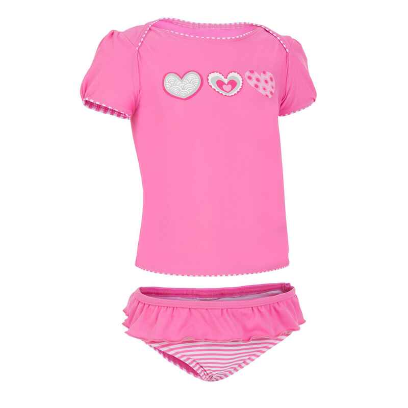 Maillot De Bain Fille Justice 2 Pièces Tankini – Jean Bleu Et Rose Vif – Motifs Peace & Heart – Taille 6 – Neuf Avec étiquette