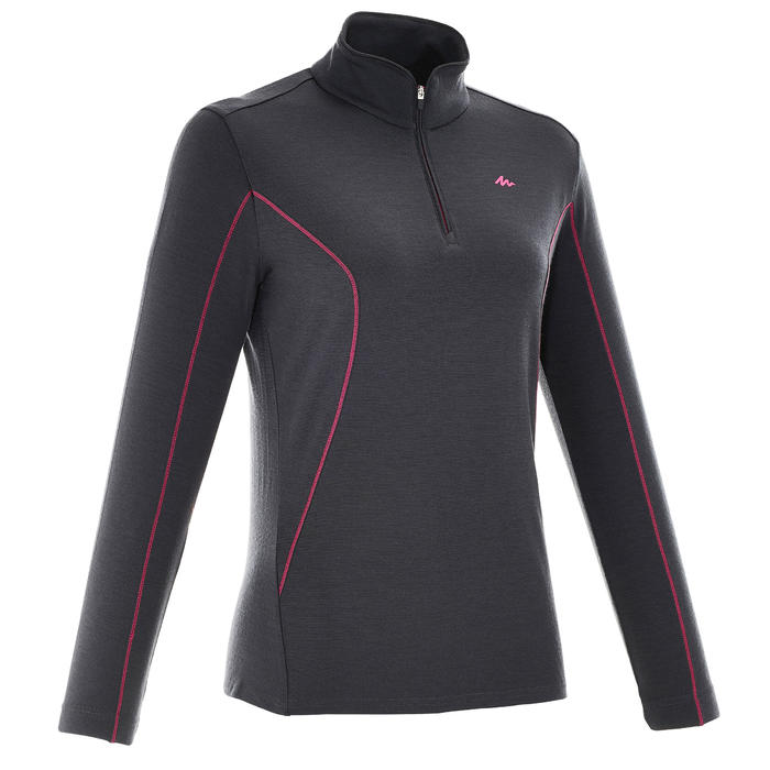 Women S Mountain Trekking Long Sleeved Merino Wool T Shirt Trek 500 Black Decathlon