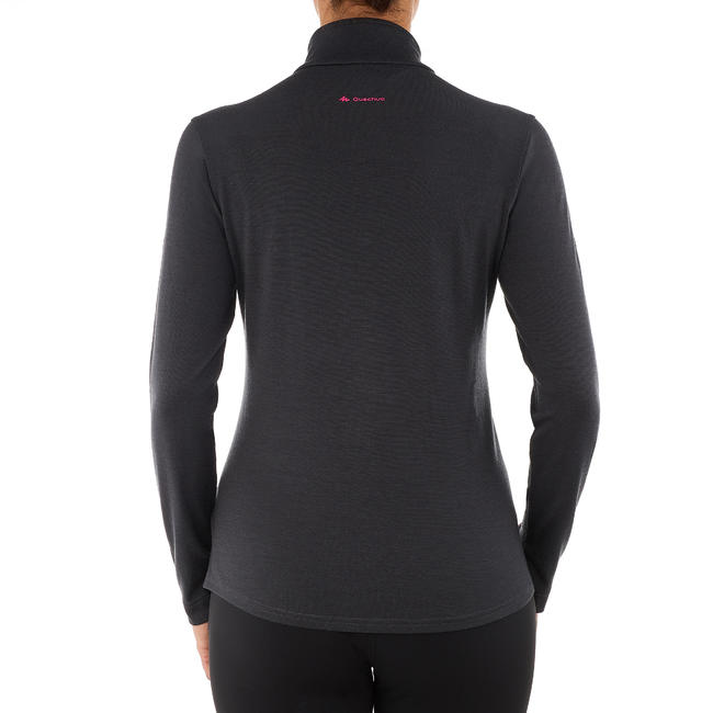 Women's Mountain Trekking Long-Sleeved Merino Wool T-Shirt Trek 500 - black