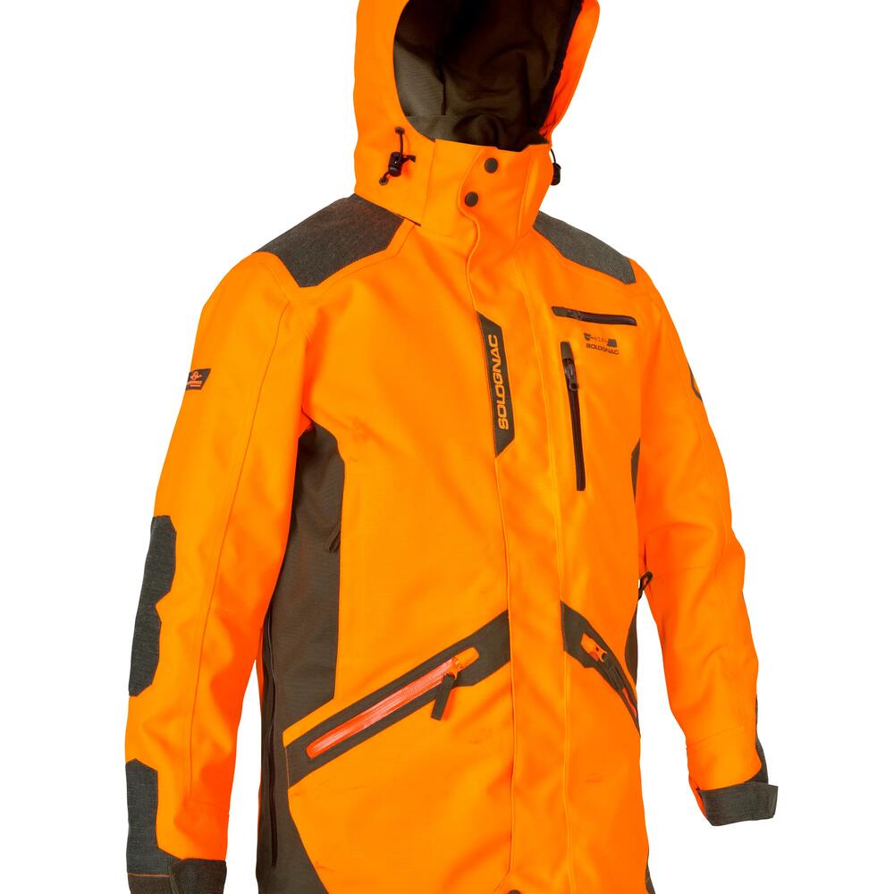 Jagdjacke Orange, sehr strapazierfähig für intensives Jagen. 