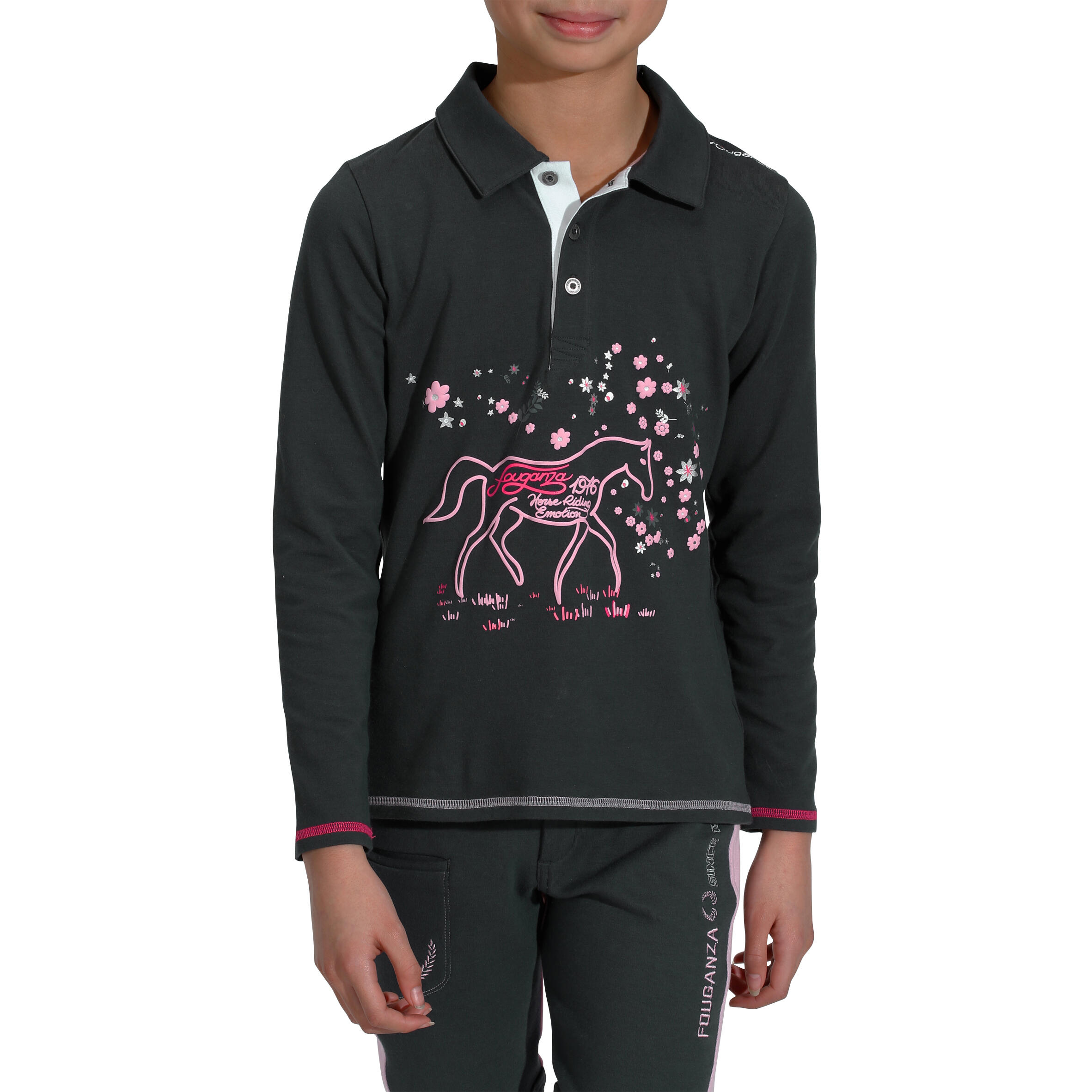 Flower Children's Long-Sleeved Horse Riding Polo Shirt - Black 2/12